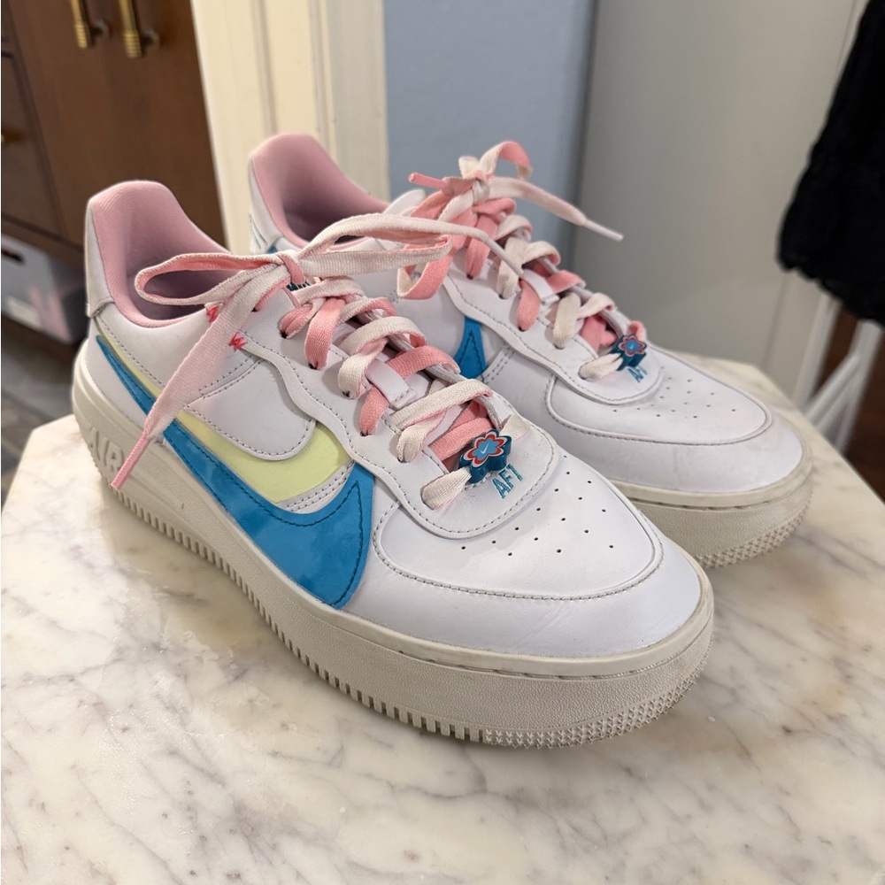 Nike Air Force 1 Low Pastel Swoosh Sneakers - White with Blue & Yellow Accents